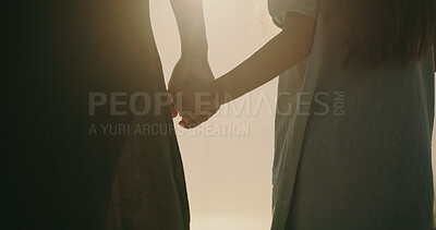 Buy stock photo Holding hands, trust and mother with child in nature for support, connection and family holiday. Love, commitment and security with woman and kid walking outdoor for journey, growth and safety 