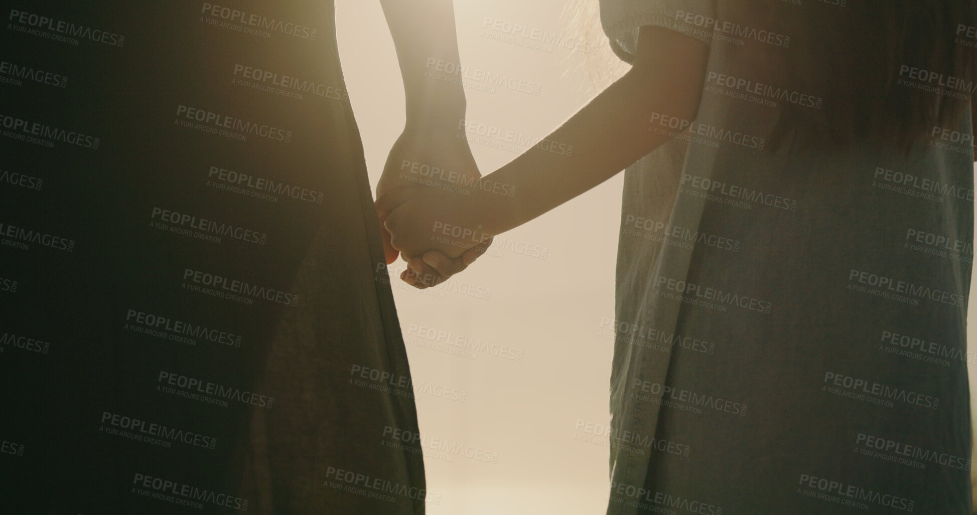 Buy stock photo Holding hands, trust and mother with child in nature for support, connection and family holiday. Love, commitment and security with woman and kid walking outdoor for journey, growth and safety 