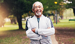 Portrait, old man and smile in nature for fitness, confidence and exercise for healthy lifestyle. Happy, senior person and laugh at park with arms crossed, training and morning routine for wellness