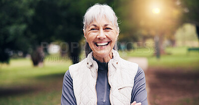 Buy stock photo Portrait, old woman and smile in nature for fitness, confidence and exercise for healthy lifestyle. Happy, senior person and laugh at park with benefits, training and morning routine for wellness