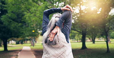 Buy stock photo Senior, woman and stretching with arms in park for outdoor workout preparation or exercise. Back view, active or elderly female person with body warm up for fitness, health or wellness in nature