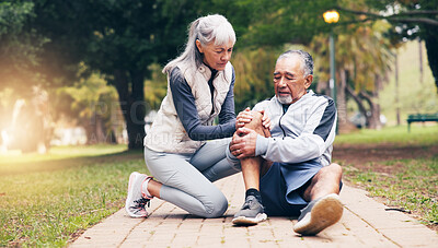 Buy stock photo Knee pain, runner and help with old couple in park for fitness risk, fibromyalgia and accident. Workout injury, training sprain and torn ligament with senior man and woman outdoor for leg check