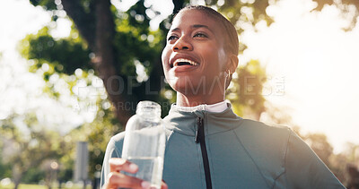 Buy stock photo Fitness, woman and thinking with water outdoor for wellness, health or workout rest with smile. Thirsty runner, happy black person and break with hydration bottle at park, refreshing or reflection