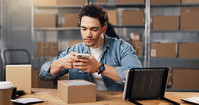 Buy stock photo Ecommerce, man and box with phone for picture, scan customer info and upload to website for courier. Person, tech and photograph in warehouse with package for delivery details, mobile app or shipping