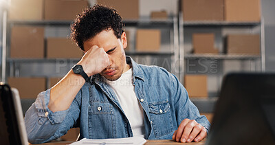 Buy stock photo Man, headache and stress with boxes in logistics for shipping delay, tax inflation or freight issue. Frustrated, male person or mistake with cargo for distribution schedule, debt or financial error