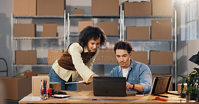 Buy stock photo Team, laptop and reading with people in warehouse for tracking review, logistics and sku information. Collaboration, ecommerce and shipping inventory report with employees for order verification