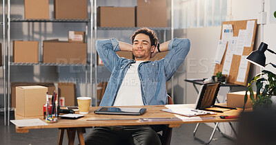 Buy stock photo Happy, relax and man in office with logistics report, supply chain and delivery schedule. Small business, done and person with break, stretching and finish for shipping, distribution and ecommerce