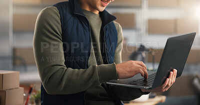Buy stock photo Logistics, hands and typing in office with laptop, website and research courier price for shipping. Man, ecommerce app or online with computer for planning, delivery cost and distribution expenses.