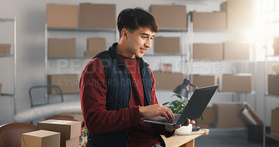 Buy stock photo Smile, man and laptop in small business for shipping, route search or waybill review in logistics. Startup, person or typing on tech for fleet tracking, delivery status update or inventory management
