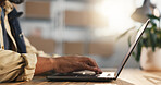 Logistics, hands and typing in small business with laptop, ecommerce app and track shipping of order. Man, research and browsing with computer for courier website, delivery update and supply chain.