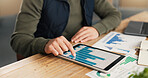 Tablet, screen and hands of person in warehouse for supply chain, delivery rate and graph. Shipping volume, tracking data and inventory level with employee and tech in factory for research and scroll
