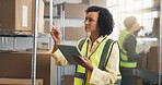 Inspection, woman and tablet in storage for logistics cycle count, inventory audit or QA check. Startup, mature receiving clerk or WMS app to verify inbound shipment, order picking or quality control