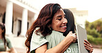 Volunteer, hug and happy woman with tablet for donation, charity or community service together. Female person, activist or embrace with smile or technology for NGO outreach or fundraiser campaign