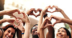 Friends, students and hands at campus with heart, new semester and motivation for education. Portrait, smile or teacher at college with love gesture, acceptance and encourage for learning opportunity