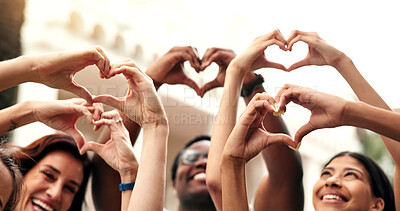 Buy stock photo Friends, students and hands at campus with heart, new semester and motivation for education. Portrait, smile or teacher at college with love gesture, acceptance and encourage for learning opportunity