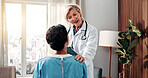 Doctor, smile and woman in hospital with support, speaking and good news for breast cancer remission. Happy, medical worker and mature person in clinic with discussion, disease recovery or assurance.