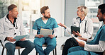 Meeting, nurses and doctors with healthcare discussion, folder or clinic policy with tablet. People, team and collaboration at hospital for compliance update, medical protocol and feedback with tech