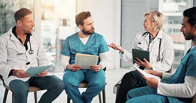 Buy stock photo Meeting, nurses and doctors with healthcare discussion, folder or clinic policy with tablet. People, team and collaboration at hospital for compliance update, medical protocol and feedback with tech