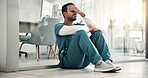 Nurse, man and healthcare stress in clinic for grieving loss, operation failure and shift burnout. Health, worker and overwhelmed on hospital floor for medical crisis, emotional fatigue and pressure