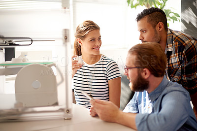 Buy stock photo Creative, business people and printer with 3d model for design, prototype or team project at office desk. Group, employees or designers with technology for production or manufacturing at workplace