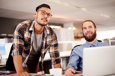 Buy stock photo Web design, teamwork and men with laptop for thinking of creative ideas, project and suggestions. People, smile or designers in startup for brainstorming, problem solving with employees for deadline