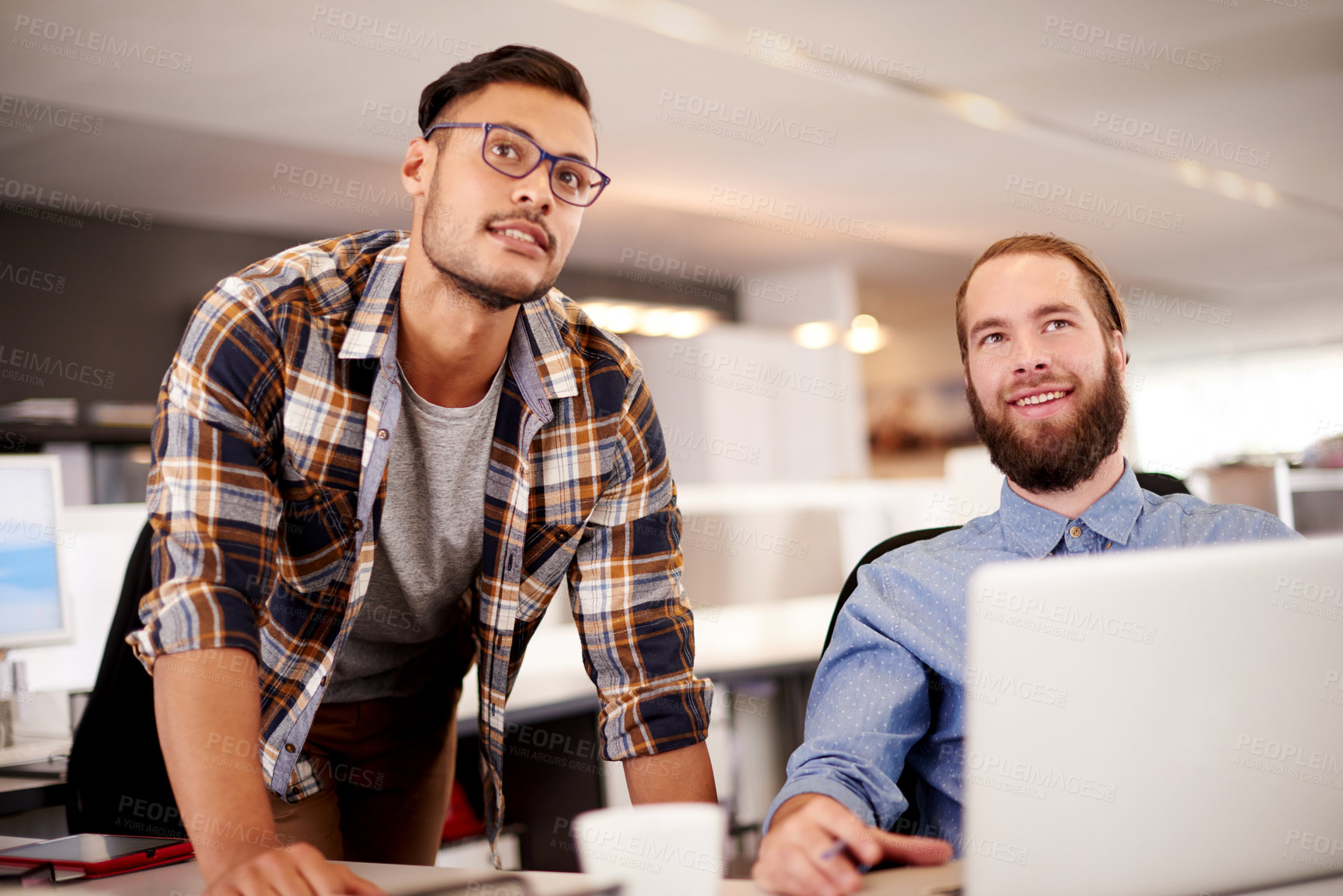Buy stock photo Web design, teamwork and men with laptop for thinking of creative ideas, project and suggestions. People, smile or designers in startup for brainstorming, problem solving with employees for deadline