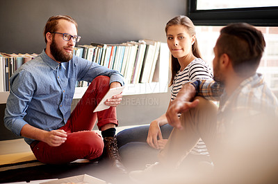 Buy stock photo College, group and studying with tablet, bookshelf and preparing for exam with info and education. Plan, friends and people with tech for test, men and women with knowledge for project in university