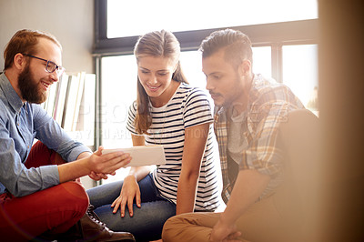 Buy stock photo Digital agency, people and planning with tablet in office for webpage template, design layout or brainstorming. Web designer, teamwork or happy with tech for creative discussion or project management