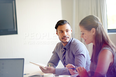 Buy stock photo Office, meeting and business people with tablet for project, proposal strategy and budget report. Startup, professional and workers with documents for discussion, teamwork and financial review