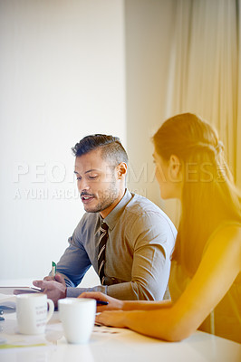 Buy stock photo Startup, company or people coworking in discussion for teamwork, creativity or collaboration. Development, brainstorming or employees in meeting for business feedback, planning or project management