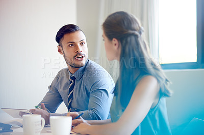 Buy stock photo Tablet, talking and people in company for teamwork, creativity and collaboration in office. Development, brainstorming or employees in meeting for business feedback, planning or project management