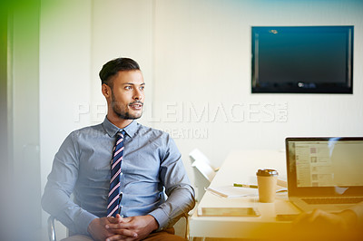 Buy stock photo Thinking, confidence and businessman with ideas in office for planning, creativity or proposal. Problem solving, reflection and employee daydreaming in startup for solution, vision or review decision