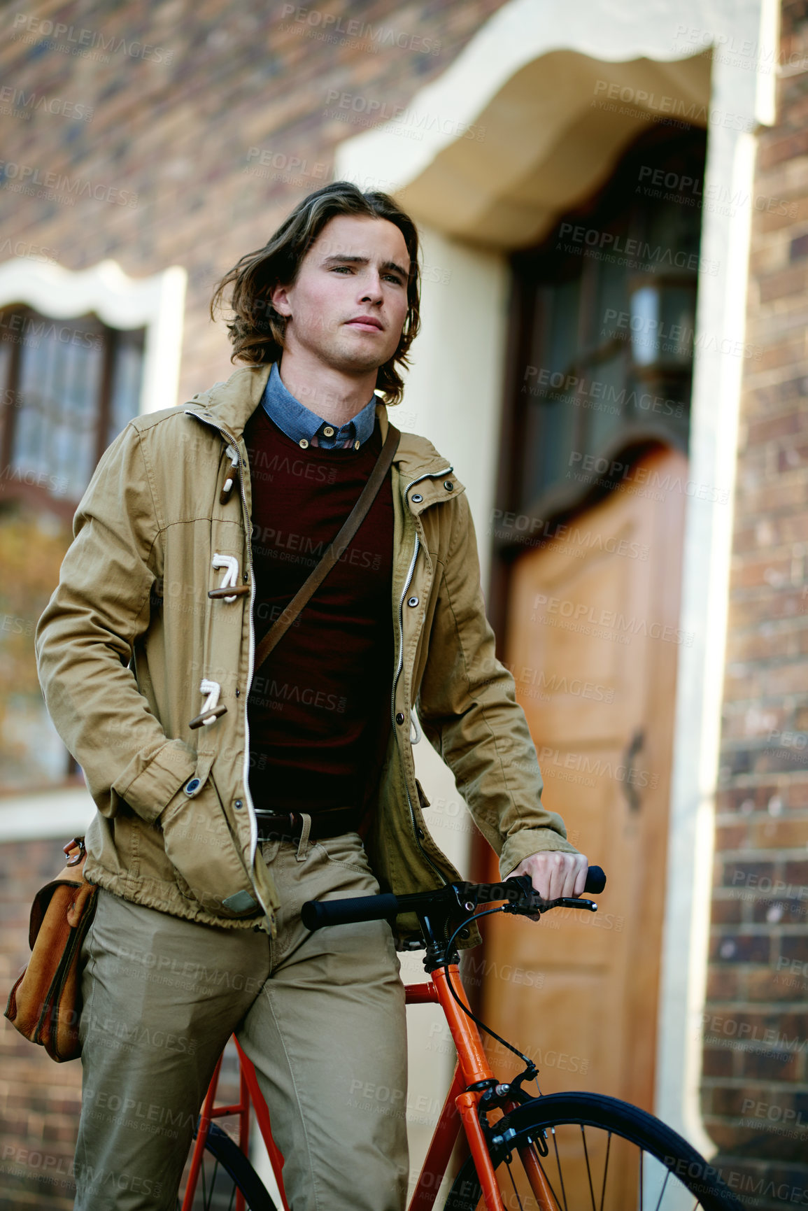 Buy stock photo Travel, walking and man with bicycle in town for sustainable commute or cycling in city. Thinking, morning or male person with bike for eco friendly transportation on urban sidewalk street in London