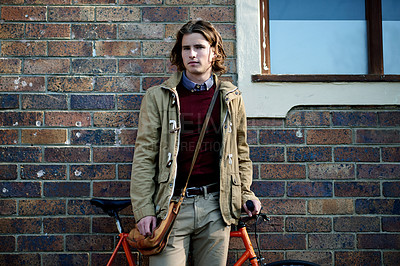 Buy stock photo Portrait, bike and man in city, transport and eco friendly with urban town, traveling and direction. Person, outdoor and bicycle with location, hobby and morning commute with break and Netherlands