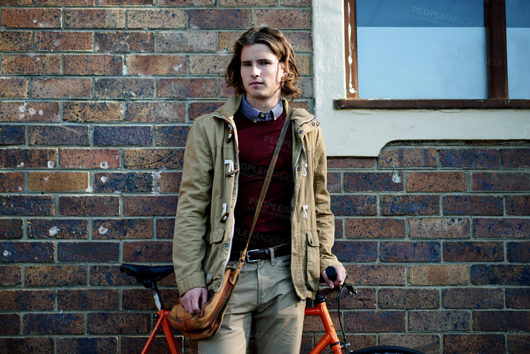 Buy stock photo Portrait, bike and man in city, transport and eco friendly with urban town, traveling and direction. Person, outdoor and bicycle with location, hobby and morning commute with break and Netherlands