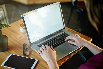 Buy stock photo Person, hands or typing with laptop screen for journalism, digital marketing or advertising in cafe. Copywriter, freelancer or remote work on computer, mockup space or online research in coffee shop