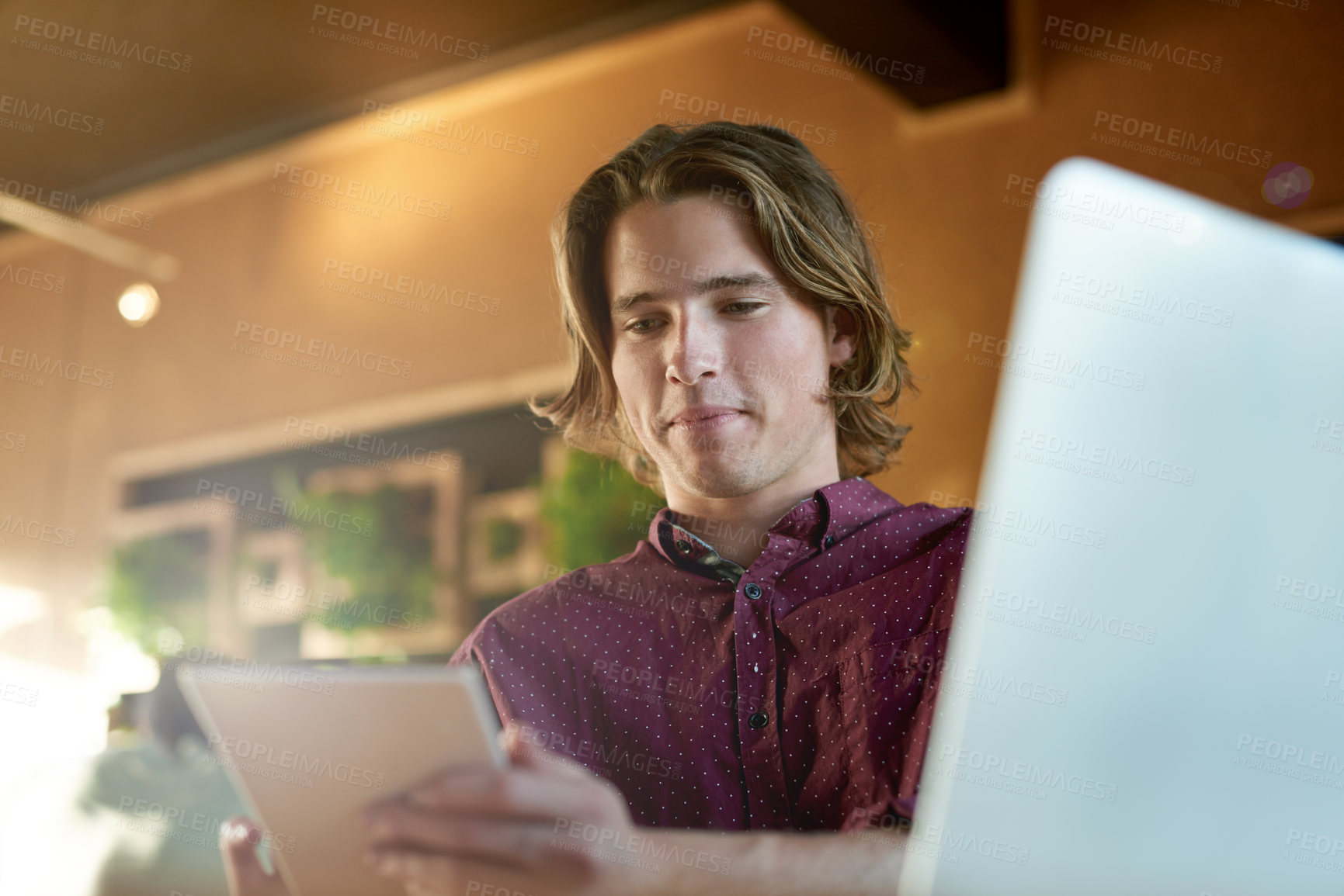 Buy stock photo Remote work, man and tablet in cafe for research, check email or social media account. Coffee shop customer, technology and freelancer with app for communication, platform engagement or online review
