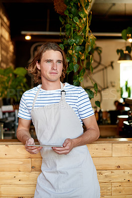 Buy stock photo Tablet, thinking and waiter or man in cafe for inventory, menu planning and supply stock order. Restaurant manager, digital checklist and vision with person in coffee shop as small business owner