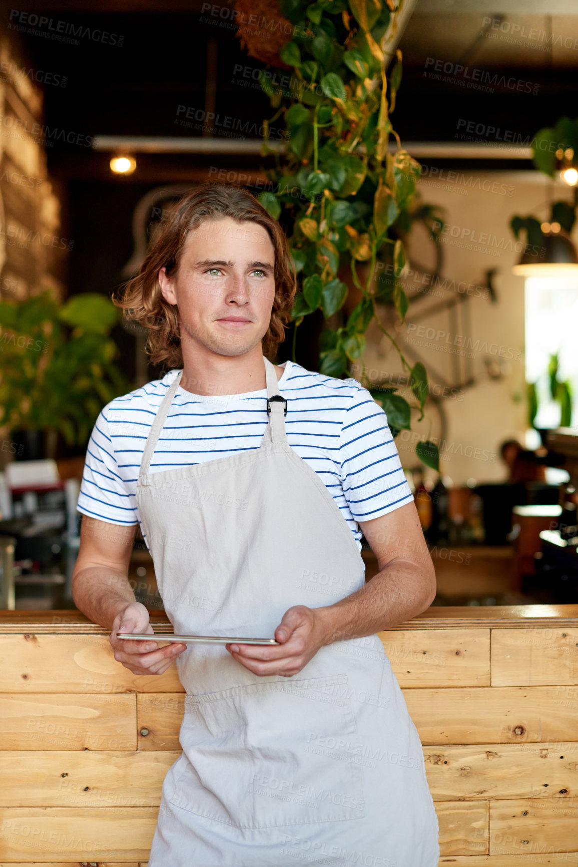 Buy stock photo Tablet, thinking and waiter or man in cafe for inventory, menu planning and supply stock order. Restaurant manager, digital checklist and vision with person in coffee shop as small business owner
