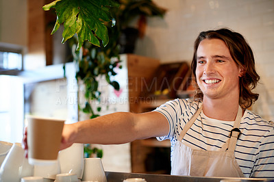 Buy stock photo Happy man, barista and giving tea at cafe, beverage and sale with customer experience at restaurant for drink. Person, waiter and order with service for latte, cappuccino or smile at coffee shop
