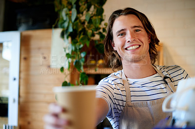 Buy stock photo Coffee shop, counter and portrait of man for serving drinks, espresso and beverage in cafe. Restaurant, hospitality and happy barista with mug for cappuccino, latte and tea for customer service