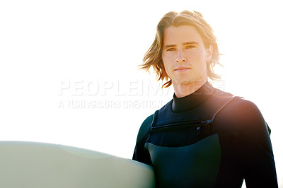 Buy stock photo Sunshine, surfboard and man by beach for surfing hobby, water sports and outdoor adventure by sea. Flare, space and person in nature for summer vacation, holiday and weekend by ocean in Australia