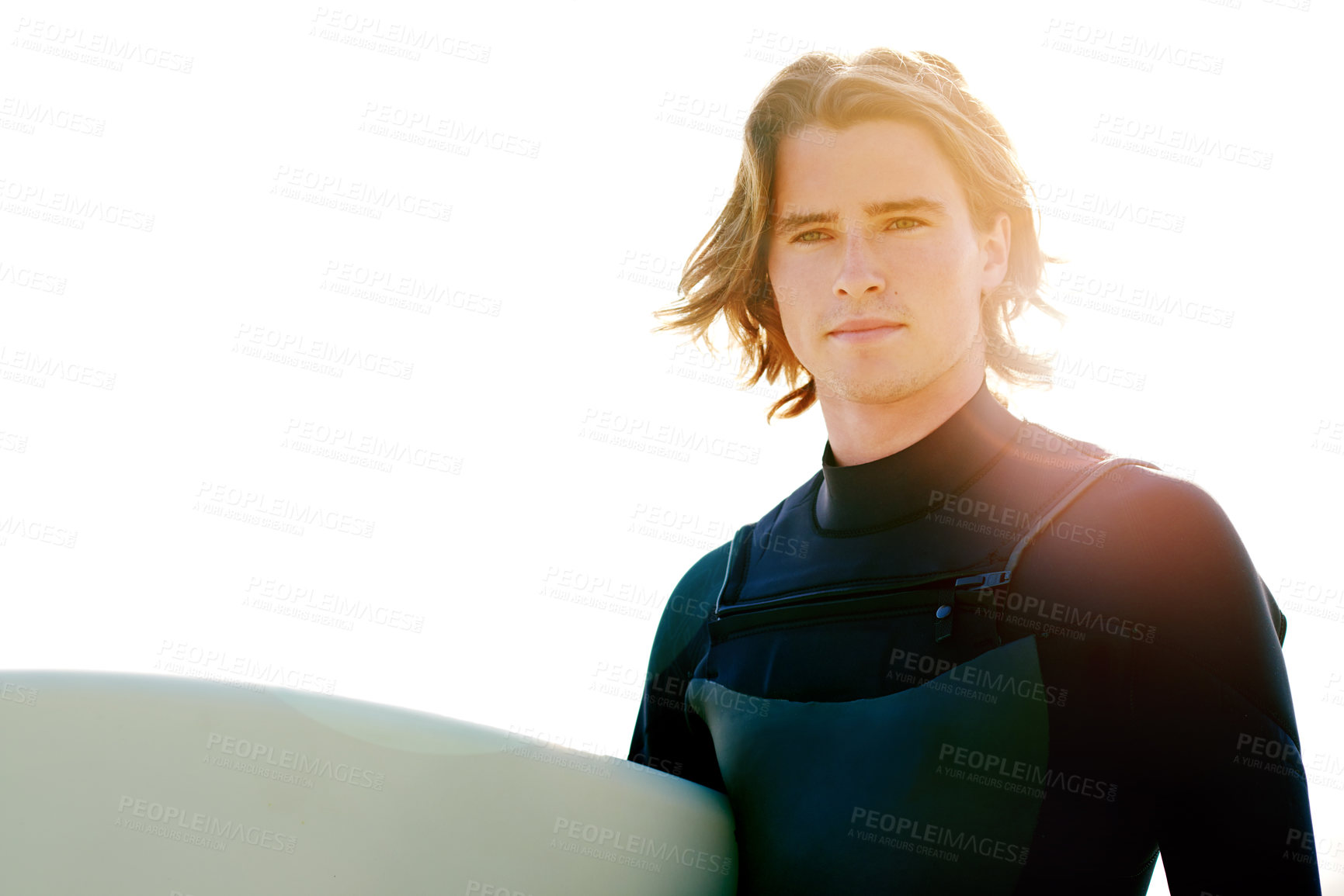 Buy stock photo Sunshine, surfboard and man by beach for surfing hobby, water sports and outdoor adventure by sea. Flare, space and person in nature for summer vacation, holiday and weekend by ocean in Australia