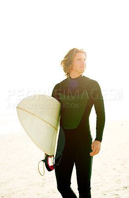 Buy stock photo Surfboard, thinking and man by beach for exercise, training or holiday fitness for wellness. Sunset, space and male athlete by ocean for surfing, workout or water sports on tropical vacation.