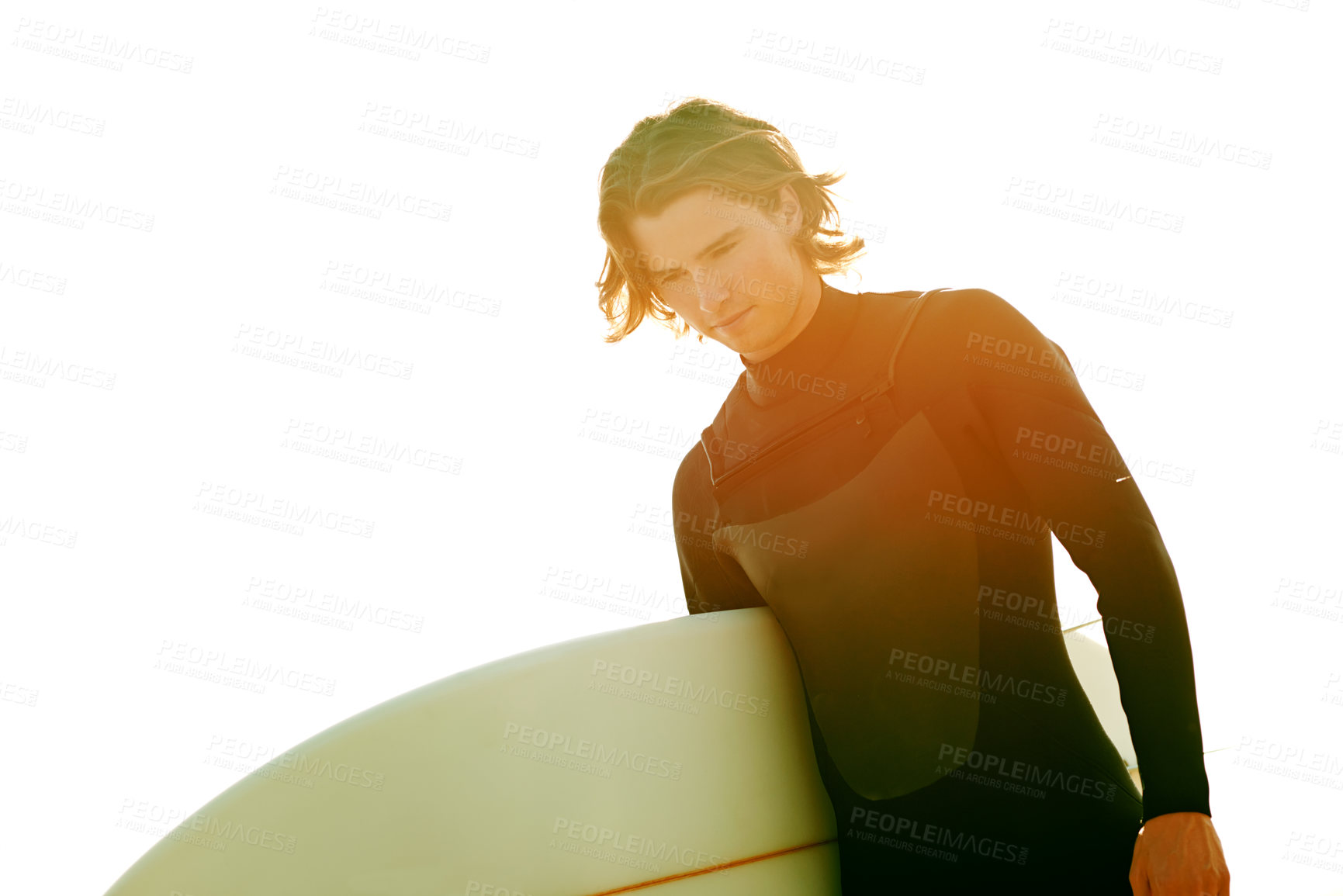 Buy stock photo Beach, surfboard and man with vacation, travel and mockup space with tourism, break and hobby. Contemplation, outdoor and person with recreation, holiday and nature with fitness and water sports