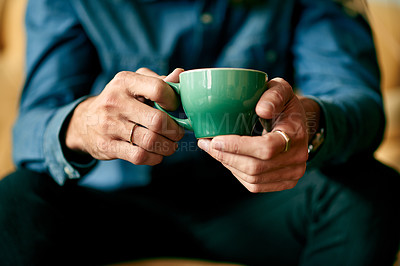 Buy stock photo Relax, coffee and cup with hands of man on sofa for peace, caffeine beverage and latte drink. Espresso, calm and mocha with closeup of person and mug in living room of home for cappuccino and comfort