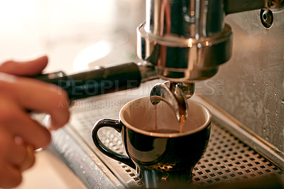 Buy stock photo Coffee shop, machine and hands of barista with cup to prepare cappuccino, espresso and latte. Closeup, grinder and person with fresh brew for beverage, warm drink and service in restaurant or diner
