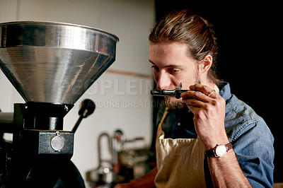 Buy stock photo Barista, coffee machine and inspection with man in cafe for Espresso brew, ground beans and beverage. Latte, quality assurance and caffein equipment with person in cafeteria for drink and aroma