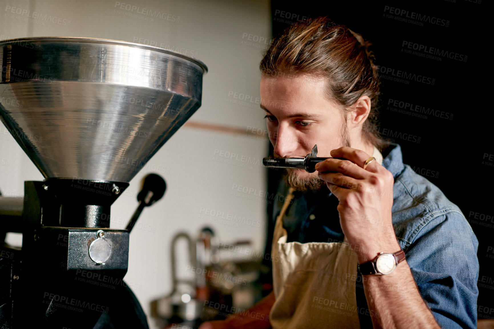 Buy stock photo Barista, coffee machine and inspection with man in cafe for Espresso brew, ground beans and beverage. Latte, quality assurance and caffein equipment with person in cafeteria for drink and aroma