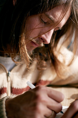 Buy stock photo Song, writer and planning with man and paper for music composition, artistic idea and reflection. Writing, musician and creative to do list with person and pen for inspiration, idea and lyrics